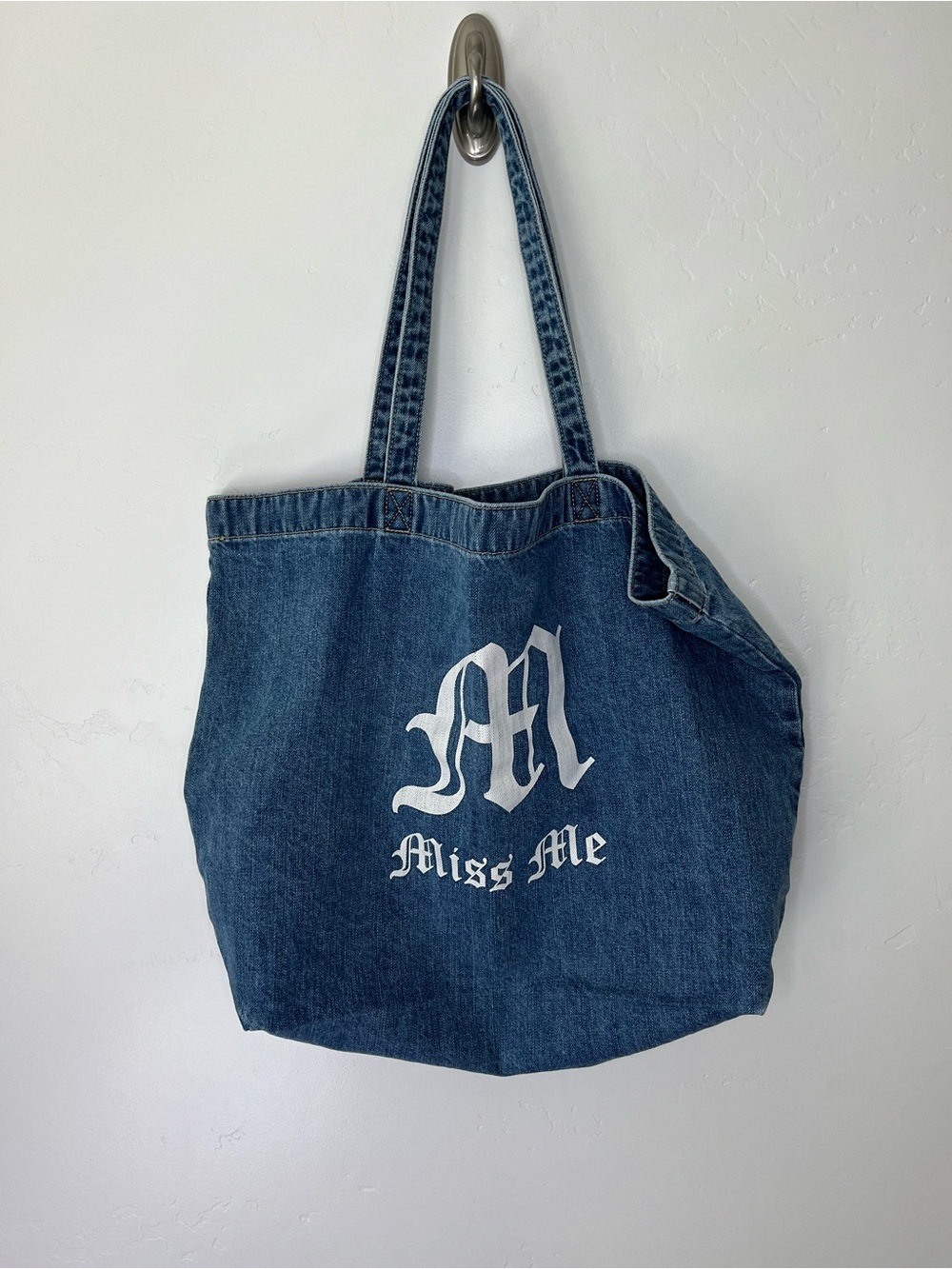Miss Me Light Blue Denim Tote with Contrast Stitching